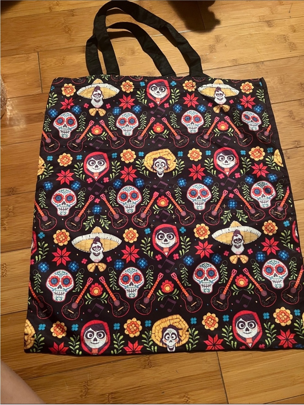 Disney Black Tote Bag with Colorful Day of the Dead Skull and Floral Print